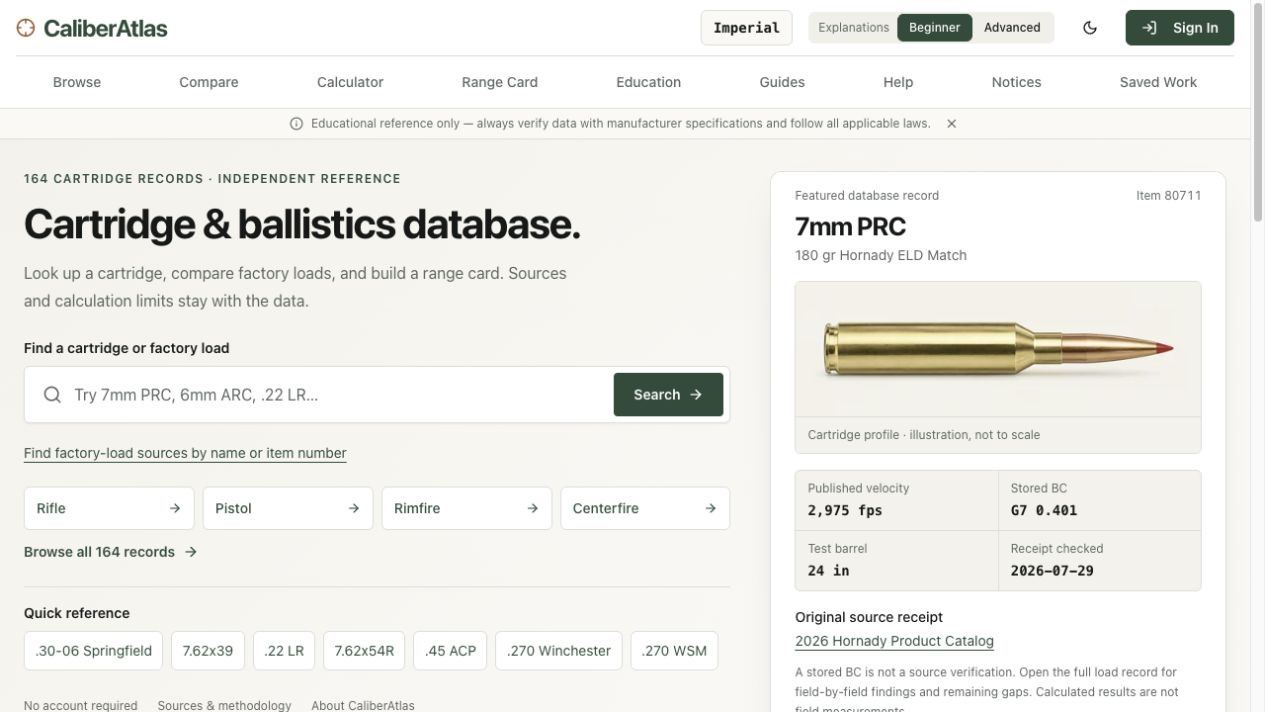 Caliber Atlas cartridge reference homepage with search and comparison tools