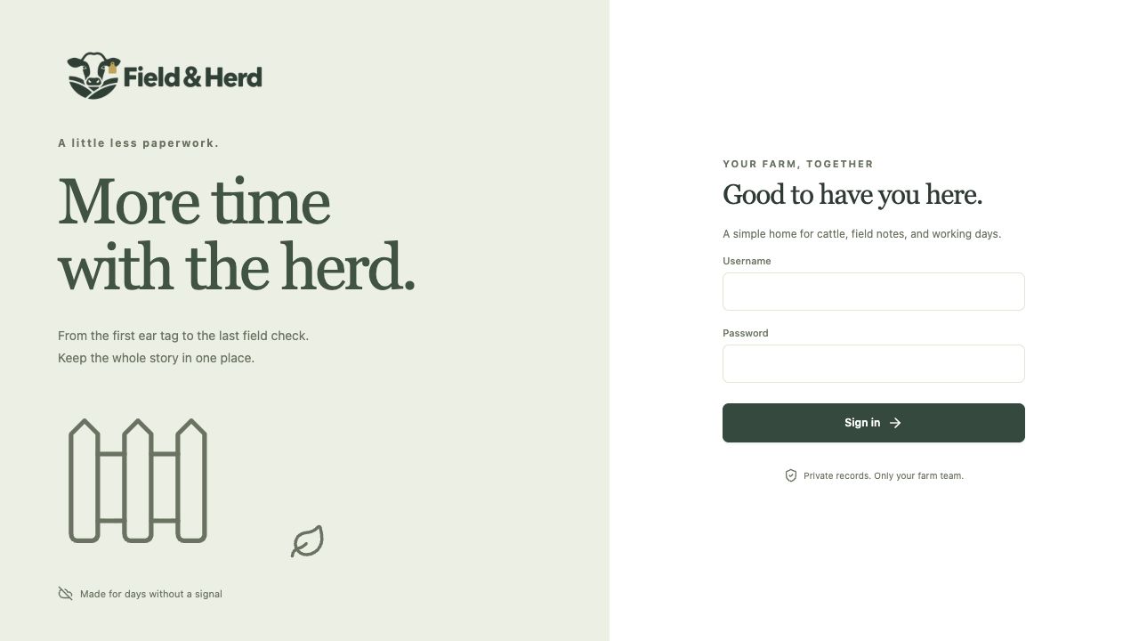 Field and Herd welcome screen with its cattle logo, More time with the herd headline, and fence illustration